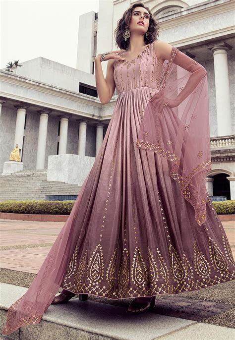 Buy Embroidered Chinon Chiffon Abaya Style Suit In Pink And Purple