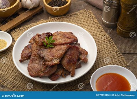 Fried Sun Dried Pork In White Plate Moo Dad Deaw Stock Photo Image