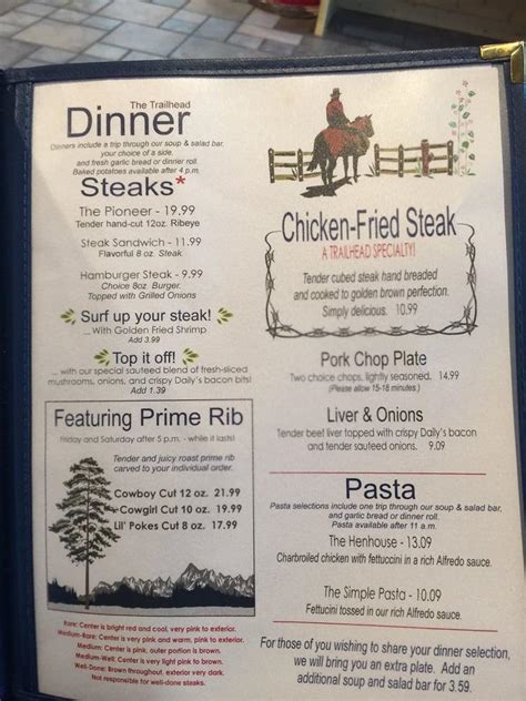 Menu at Trailhead Restaurant, Riverton