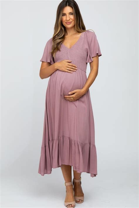 Mauve Smocked V Neck Maternity Midi Dress In 2022 Maternity Midi