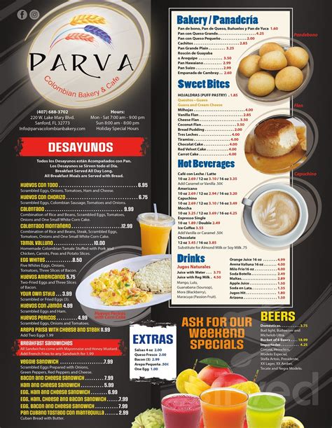 Parva Colombian Bakery and Cafe menu in Sanford, Florida, USA