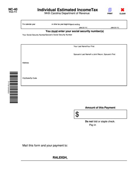 Fillable Form Nc 40 Individual Estimated Incometax Printable Pdf Download