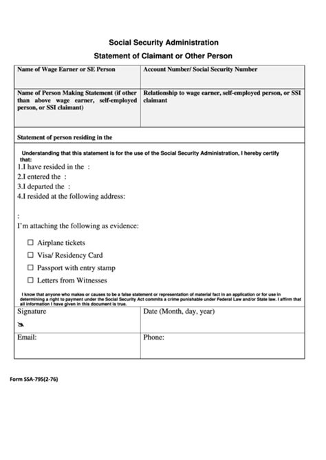 Form Ssa 795 Social Security Administration Statement Of Claimant Or