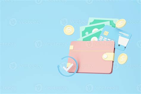 Pink Wallet And Credit Card With Cash And Gold Coin Floating Coins