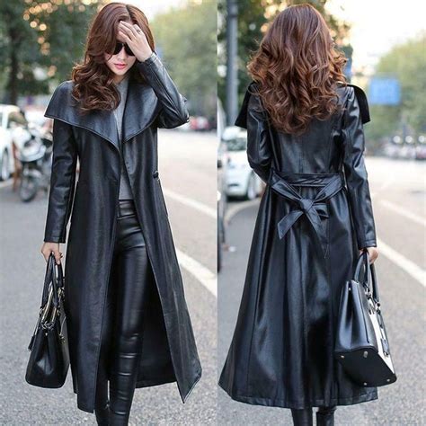 Schwarzes Leder Trenchcoat Damen Echt Lammleder Winter Lang Mantel