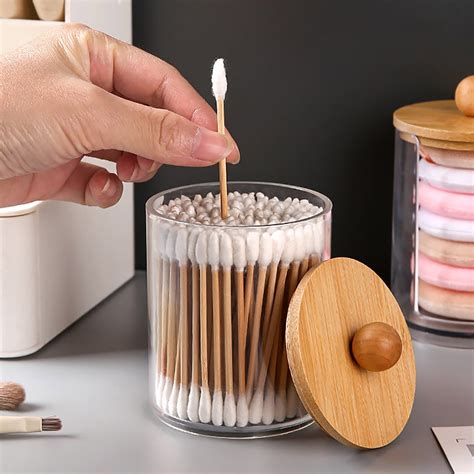 Tiitstoy Q Tip Holder Dispenser With Bamboo Lids Clear Plastic