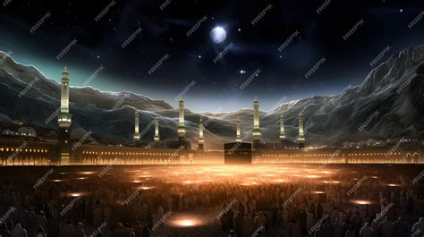 Premium Photo | Islamic background kabah mosque and the moon in the ...