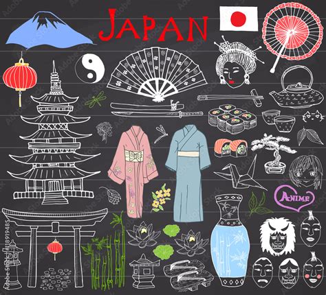 Japan Doodles Set Hand Drawn Sketch Vector Illustration Stock Vector