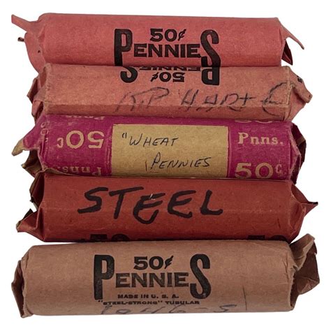 Five Rolls Of Unsearched Wheat Pennies Coins Auction