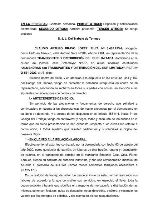 Modelo contestación despido injustificado EN LO PRINCIPAL Contesta