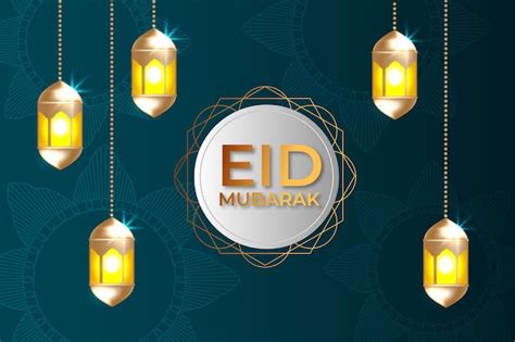 Tarjeta de felicitación de eid mubarak con luces doradas y plateadas