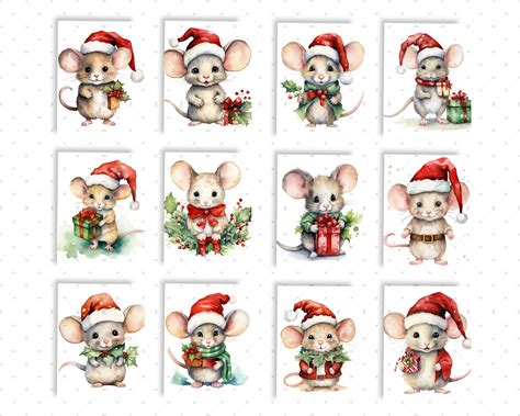 Christmas Mouse Clipart PNG Cute Christmas Mouse Watercolor Mouse ...