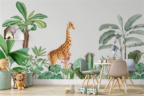 Papier Peint Panoramique Tendance Enfant Jungle Girafe Papier Peint