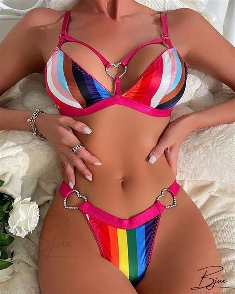 Bjux Rainbow Stripe Print Cutout Lingerie Set Sensual Rainbow Bikini