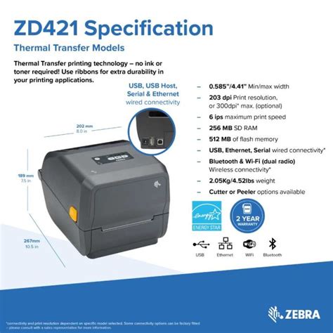 Zebra ZD421 Thermal Transfer Label Printer USB Wireless Network