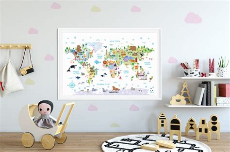 World Map Print Kids Poster World Map Landmarks Animal Nursery | Etsy