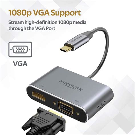 Promate Mediahub C2 Adaptador USB C A VGA Y HDMI 4K Ultra HD Con 1080