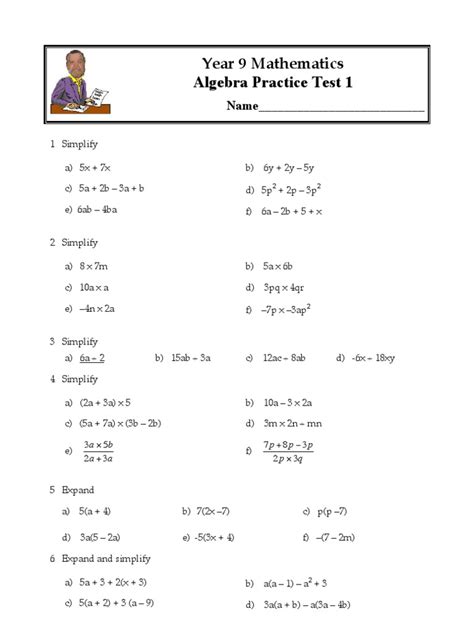 Year 9 Mathematics Algebra Practice Test 1 Name