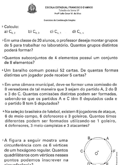 Exercicio De Combinação Simples - Exercícios de Combinação Simples | PDF