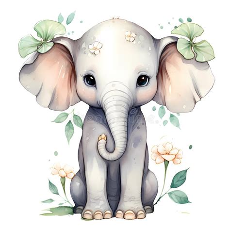 éléphant Mignon Avec Fleurs Aquarelle Clipart Illustration Ai