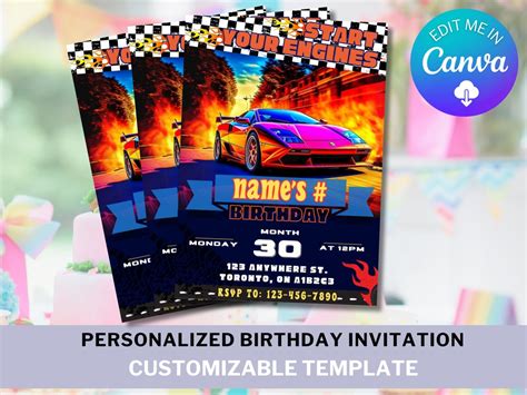 Hotwheels Birthday Party Invitation Animated Racing Cars Hot Rod EDITABLE Template