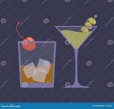 Purple Cocktails In Neon Martini Glasses With Curved Stem Cartoon Vector