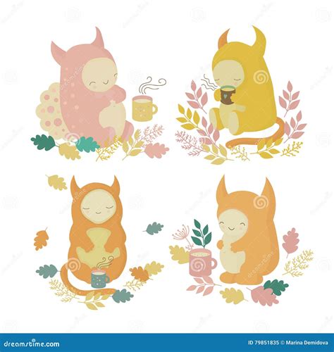 Monsters and tea stock vector. Illustration of horned - 79851835