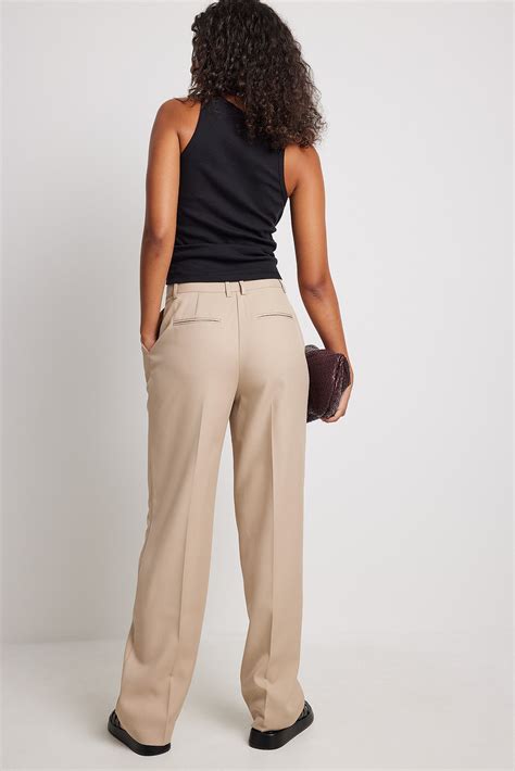 Mid Waist Pleated Suit Pants Beige Na