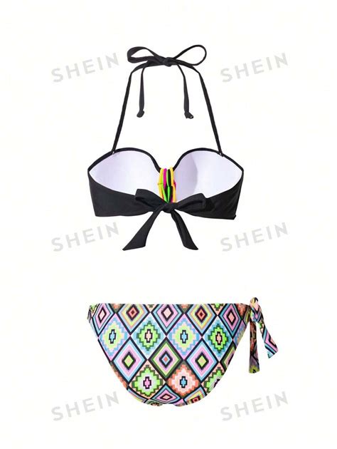 SHEIN DD Women S Geometric Print Halter Top With Rope Splicing And Triangle Bikini Bottom Set