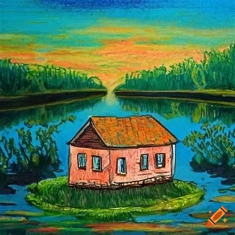 Naive Art Of A Small House By A Pond With Oak Trees And Hills On Craiyon