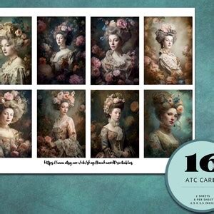 Rococo Style Women Portraits Atc Cards Floral Journaling Cards