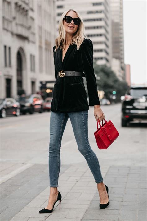 Blonde Woman Wearing Black Velvet Blazer Gucci Marmont Belt Denim