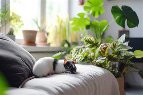 Black And White Rat Is Sleeping On The Sofa At Home Stock Illustration