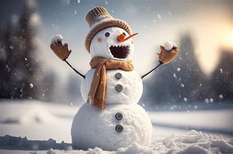 Premium Photo | Funny snowman posing in the snow against a winter ...