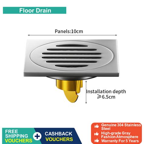 Floor Drain Anti Odor Grey Floor Trap 304 Stainless Steel 10x10cm Home