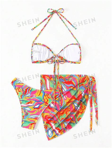 Shein X Lele Pons Shein Swim Ladies Allover Print Halter Neck Bikini