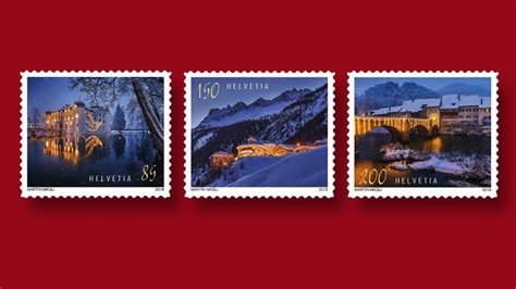 Swiss Post's Christmas set depicts scenes just before nightfall