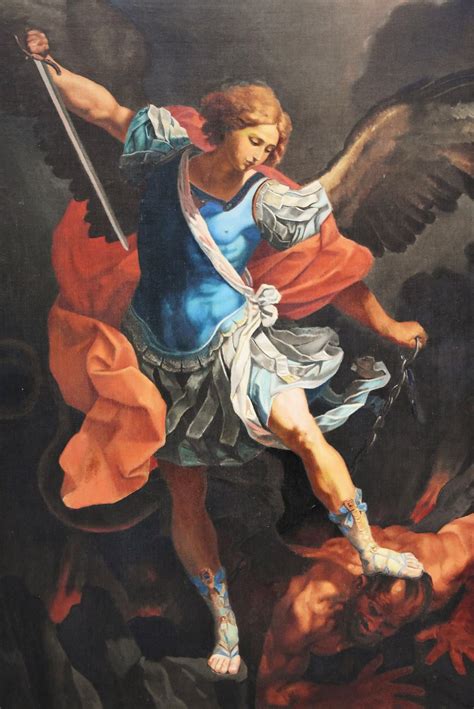 Large 19thc Oil Painting Michael Defeating Satan After Guido Reni