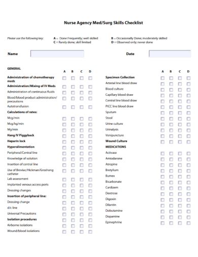 Free 10 Nursing Skills Checklist Samples Health Assistant