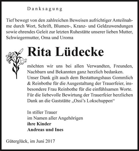 Traueranzeigen Von Rita L Decke Abschied Nehmen De