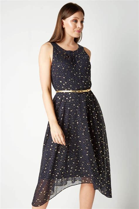 Star Print Belted Midi Dress In Navy Roman Originals UK Beautiful