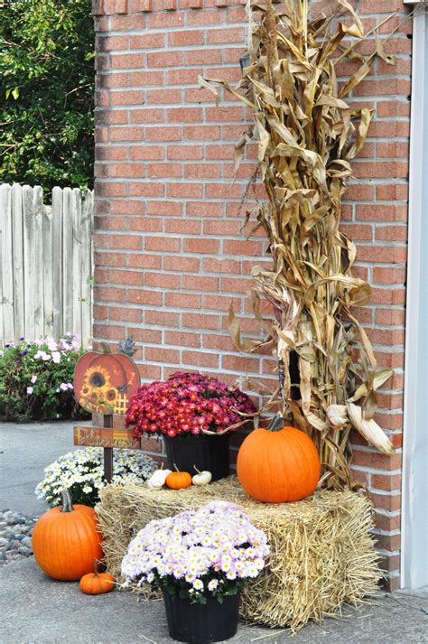 Outdoor Fall Decor Mums Hay Bale Pumpkins Harvest Sign Corn