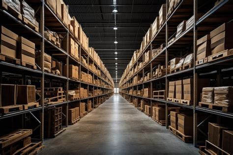 Premium Ai Image Warehouse Interior With Rows Of Shelves And Wooden