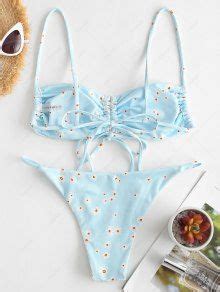 ZAFUL Floral Cinched Tie Ribbed Bikini Swimwear In LIGHT BLUE ZAFUL