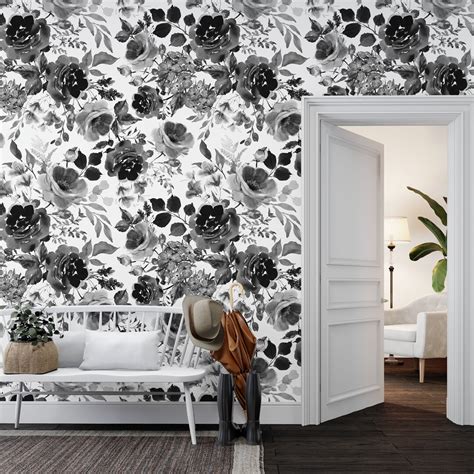 Black and White Floral Wallpaper Vintage Watercolor Florals, Rose ...