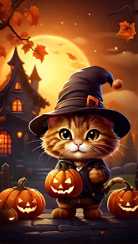 Vector Image Illustration Of Cat With Witch Hat And Pumpkins Stock