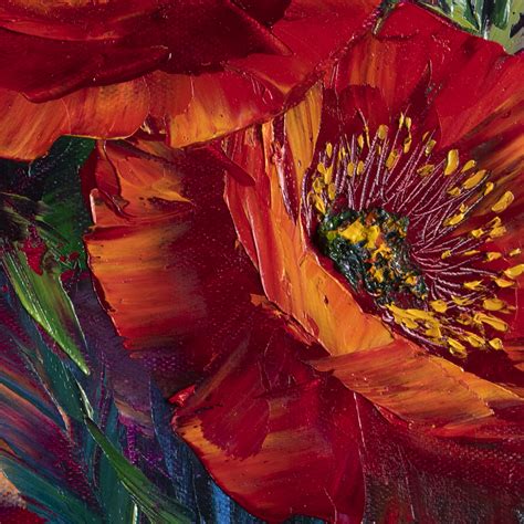 Red Poppy Flower Oil Painting Textured Palette Knife Original Art 12x20 Original Textured