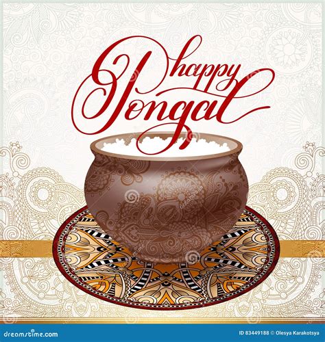 Happy Pongal Handwritten Ink Lettering Inscription On Floral Paisley