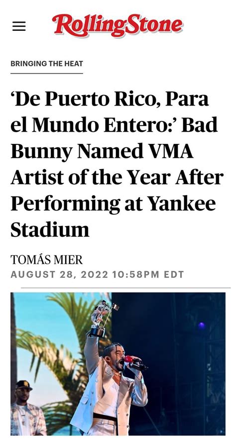 De Puerto Rico Para El Mundo Entero Bad Bunny Named Vma Artist Of