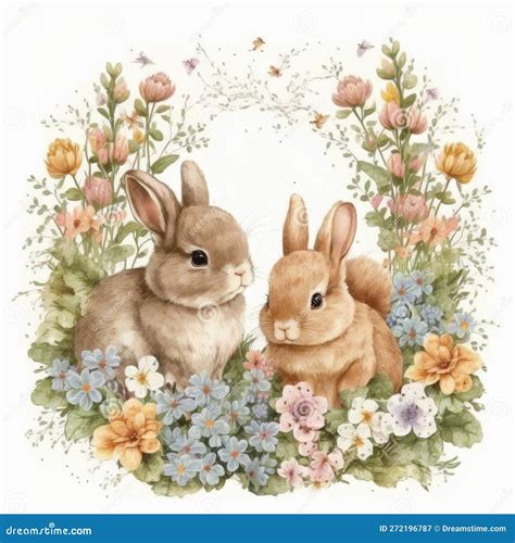 Cute Baby Bunnies Floral, Spring Flowers, Illustration ,clipart ...